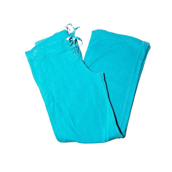 Y2K JLo Jennifer Lopez teal low rise wide leg terry cloth track pants size large - Picture 1 of 8